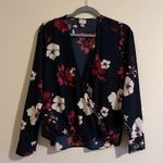 A New Day  Blue Navy Pink Floral Long Sleeve V Neck Mock Wrap Long Sleeve Small Photo 3