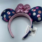 Disney  Parks Minne Mouse Blue Polka Dot Mouse Ears Headband Pink Glitter Photo 5