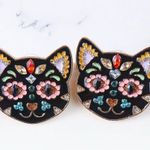 Boutique New Dia De Los Muertos Day of the Dead Rhinestone Black Cat Earrings Photo 0