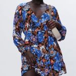 ZARA  Floral Print Mini Dress Long Sleeve V-Neck Blue Brown Ruffle Small Photo 5