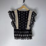 Monograph Black Cream Embroidered Ruffle Short Sleeve Top Boho Medium Photo 1
