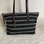 Fossil  Jenna Black White Heart Striped Tote Bag Photo 4
