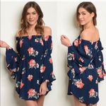 Floral Off Shoulder Mini Dress Navy Bell Sleeve Ruffle Boho Spring NWT Blue Photo 1