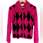 Lisa International Zip Sweater Womens Pink Black Diamond Chenille Frilly 90s Y2K Photo 1