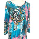 Simply Obsessed Paisley Print Teal and Pink Women's Top Blue Size L Photo 1