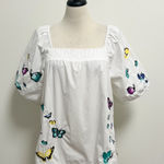 Talbots White Embroidered Butterflies Square Neck Elbow Puff Sleeve Poplin Top Photo 0