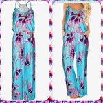 Women's Floral Sleeveless Racer Back Wide Leg Pant Jumpsuits Romper Size L Photo 2