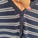 Navy Blue Gray And White Striped Ribbed Long Sleeve Top Size L Photo 3