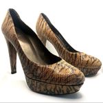 Stuart Weitzman BROWN & BLACK LEATHER ANIMAL PRINT SNAKESKIN EMBOSSED HEELS (9) Photo 0