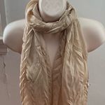 Beige pleated textured acrylic semi sheer scarf with fringe trim, size 69»x15” Photo 0