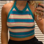ZARA  Striped Pink/Teal/White Knit Open Back Halter Crop Top Photo 8