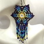 Blue yellow purple long beaded statement earrings Photo 3