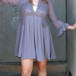 Free People Lilac Lace V-Neck Bohemian Embroidered Floral Mini Dress Size Large Photo 0