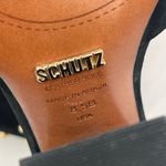 Schutz Dionise Heels Size 8.5 Black Nubuck Gold Stud Spike Open Toe Block Strap Photo 6