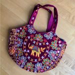 Embroidered Elephant Zipper Velvet Handbag, Maroon, Burgundy, Gold, Yellow Red Photo 2