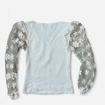 Dolan White Ribbed V Neck Puff Sleeve Floral Lace Mesh Top Women's XS Photo 1