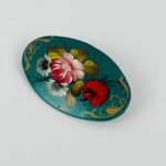 Vintage Hand Painted Floral Wooden Brooch Oval Signed Verkuyg Folk Art Photo 1