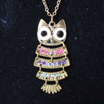 Claire's Big Eyed Whimsical Rainbow Rhinestone Gold Tone Owl Pendant Necklace Photo 1