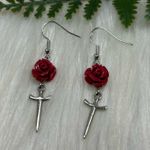 Dainty Rose and Silver tone Sword dangle Earrings Gray Photo 2