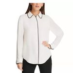 DKNY  Piped-Trim Tie Detail Button-Up Blouse Women's XS White/Black Long Sleeve Photo 3