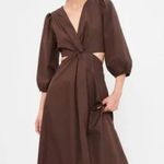 Gap  Puff Sleeve Cut Out Midi Dress Long Sleeve Brown Size M Photo 0
