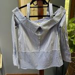 Allison Joy Blue and White Striped Striped Off the Shoulder Work Blouse size S Photo 1