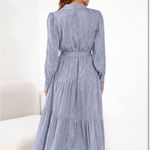 Dowerme Women's Long Sleeve Button Up Floral Print Belted Tiered Boho Maxi Dress Blue Size L Photo 4