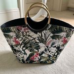 Flynn Hampton Flora Metallic Weave Floral Tote Bag Purse Metallic Ringed Handles Black Photo 7