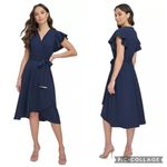 DKNY  Flutter Sleeve Belted Faux Wrap Midi Dress Navy Blue 22W Plus Size Photo 1