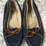 Minnetonka  Cally Moccasins 4014 Blue Suede Faux Fur Lined Slippers Size 7 Photo 0