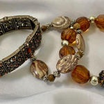 Chunky VTG Brown Orange Brassy Gold Boho Bracelet Jewelry Stack Lot Photo 0
