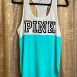 PINK - Victoria's Secret PINK Victoria’s Secret white/light teal black logo tanktop, size L Photo 0