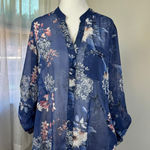 Kut From The Kloth Sheer Blue Floral Print Button Down Roll Tab Sleeve Blouse Photo 0