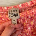 Como vintage  Women's M 100% Rayon Floral Pink Yellow Smocked Short Sleeve Dress Photo 3