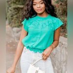 NWT MINE SHORT SLEEVE BLOUSE Elegant Green Lace Trim Top Size L Photo 0