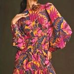 Farm Rio Floral Long Sleeve Key Hole Tiered Yellow Fruit Dream Mini Dress S Photo 1