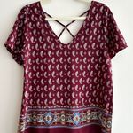 Sienna Sky  Maroon/Blue/Tan Paisley Print Short Sleeve Blouse, Size Medium Photo 0