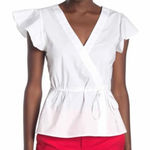J.Crew Black Label White Poplin Flutter Sleeve Faux Wrap Top Size 2 Petite Photo 0