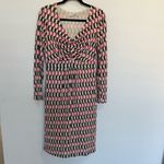 BODEN Geometric Print Long Sleeve Ruched Sheath Dress Size 8 Pink Green White Photo 3