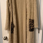 Honeyme NWOT  Beige Fuzzy cardigan with Leopard Accents Photo 0