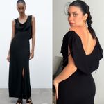 ZARA  Bloggers Fav Black Prom Elegant Open Back Fluid Neck Knit Maxi Dress Sz L Photo 2