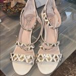 Vince Camuto White Mikal Leather Heeled Sandals w/ Gold Studs & Zipper Back EUC Photo 5