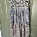 ZARA Blue Brown Cream Patterned Patchwork Dress Keyhole closure tiered Photo 3