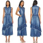 Free People  Western Bohemian Ruffle Denim Midi Maxi Dress Large Belted Cowgirl Photo 4