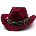 Maroon, Red Western Cowboy, Cowgirl Hat, Bead Tassle Strap, Men Women Wide Brim‎ Photo 4