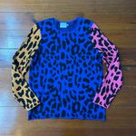 ✨Edinburgh Knitwear Colorful Vibrant Leopard Print Color Block Sweater ~ Medium Blue Photo 5