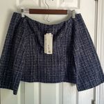 ZARA Tweed Preppy, Dark Academia Off-Shoulder Plaid Top in Navy and White Photo 2