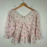 ByTimo Floral Pink Rose Eyelet Cotton V Neck Peasant Blouse Women’s Sz L White Size L Photo 6