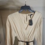 Maje  Ibioli Belted Beige Pinstriped Romper Neutral Chic Balloon Sleeve Size 34 Photo 5