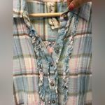 Aratta Silent Journey Plaid & Floral Boho Button Down Tunic Top | Size S Blue Photo 1